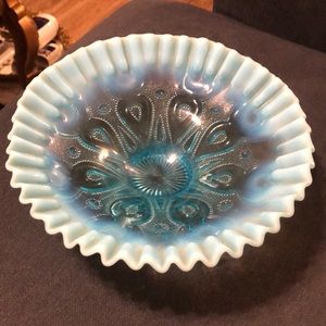 Antique Jefferson Art Glass Ruffle Bowl Blue Opalescent Double Crimp